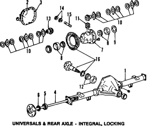 1995 Ford Bronco - This diagram shows the universal and integral locking rear axle components of a vehicle. Various parts are labeled with numbers from 1 to 1…
