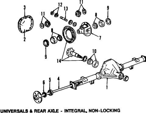 1995 Ford Bronco - This is a diagram of the universals and rear axle for an integral, non-locking differential. The diagram shows various components labeled w…