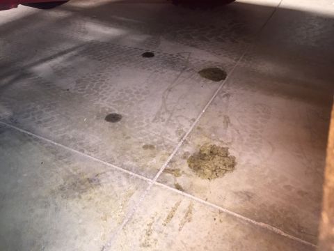 1982 Ford Bronco - The image shows a concrete floor with several dark stains and a pile of what appears to be dried mud or debris. Tire tracks are visible on…