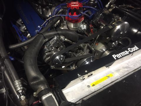 1982 Ford Bronco - Close-up view of a modified V8 engine bay, featuring a blue Ford Racing valve cover, a chrome MSD distributor, and a black serpentine belt…