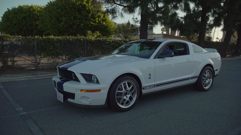 White Ford Mustang GT 500 with blue racing stripes, parked in a lot.