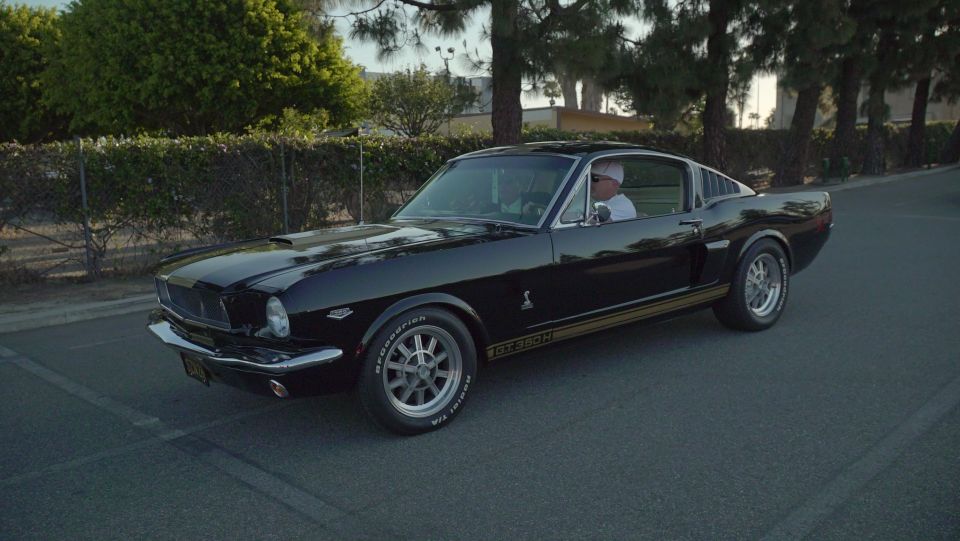Black 1985 Ford Mustang coupe parked on asphalt road, trees in background