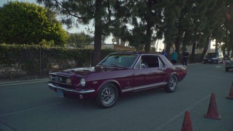 1993 Ford Taurus - A maroon 1965 Ford Mustang coupe is seen from a three-quarter front view, driving on a street with trees lining the side.