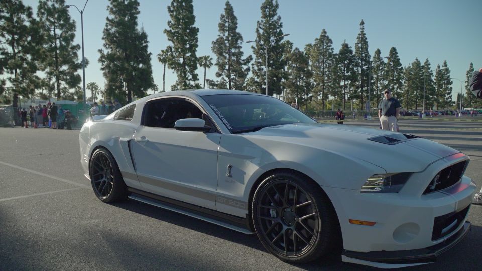 White Ford Mustang Shelby GT500 with black racing stripes on the hood and side