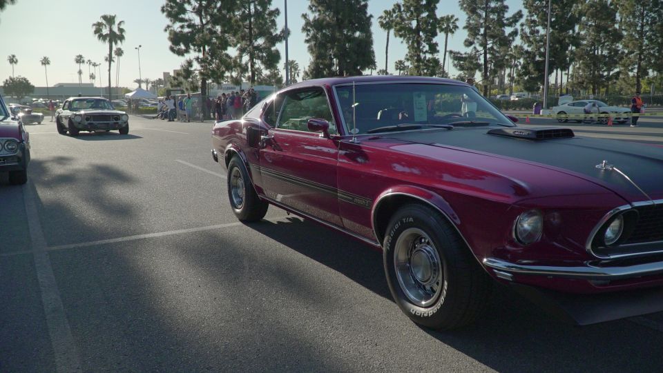 Maroon 1969 Ford Mustang Mach 1 with black hood scoop and matte black hood