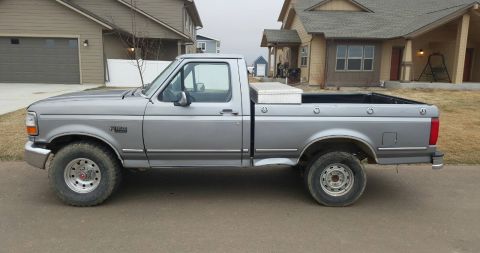 1995 Ford F-150 - Side view of a silver Ford F-150 pickup truck parked on a street in front of houses. The truck has a toolbox in the bed and aftermarket whe…