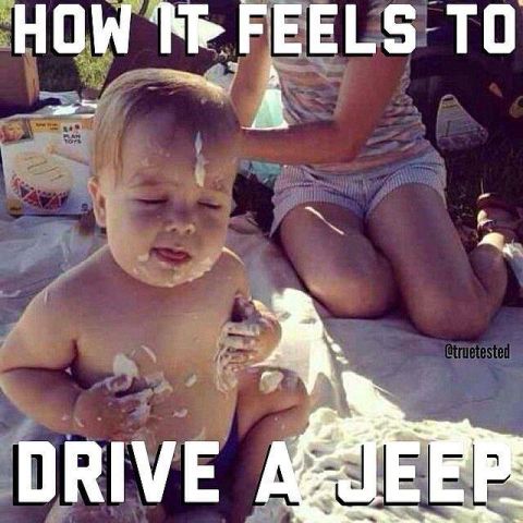 1985 Jeep CJ7 - A baby covered in white cream is sitting on a blanket with text overlayed on the image. The text reads "HOW IT FEELS TO DRIVE A JEEP".