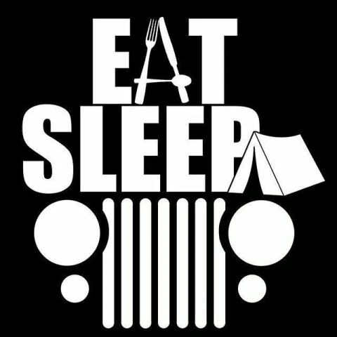1985 Jeep CJ7 - This is a graphic design featuring the words EAT, SLEEP, and a stylized Jeep grille. The design incorporates a fork and knife, a tent, and…