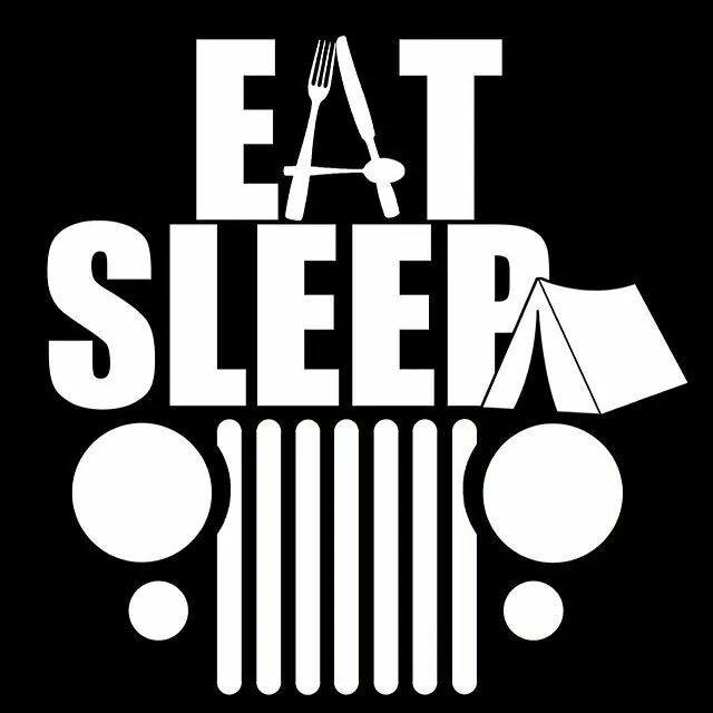 Graphic design with text EAT SLEEP and Jeep grille, fork, knife, and tent.