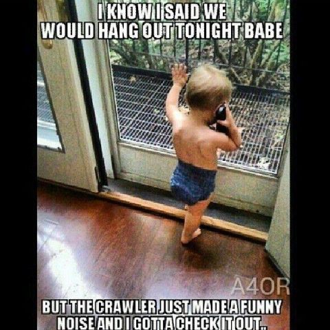 1985 Jeep CJ7 - A toddler wearing a diaper is standing by a screen door, holding a phone to their ear. Text overlays read "I KNOW I SAID WE WOULD HANG OUT…