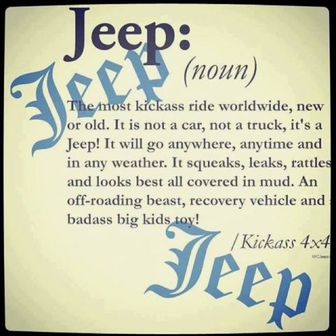 1985 Jeep CJ7 - A graphic displays a definition of the word "Jeep" with decorative text and a quote about Jeeps.