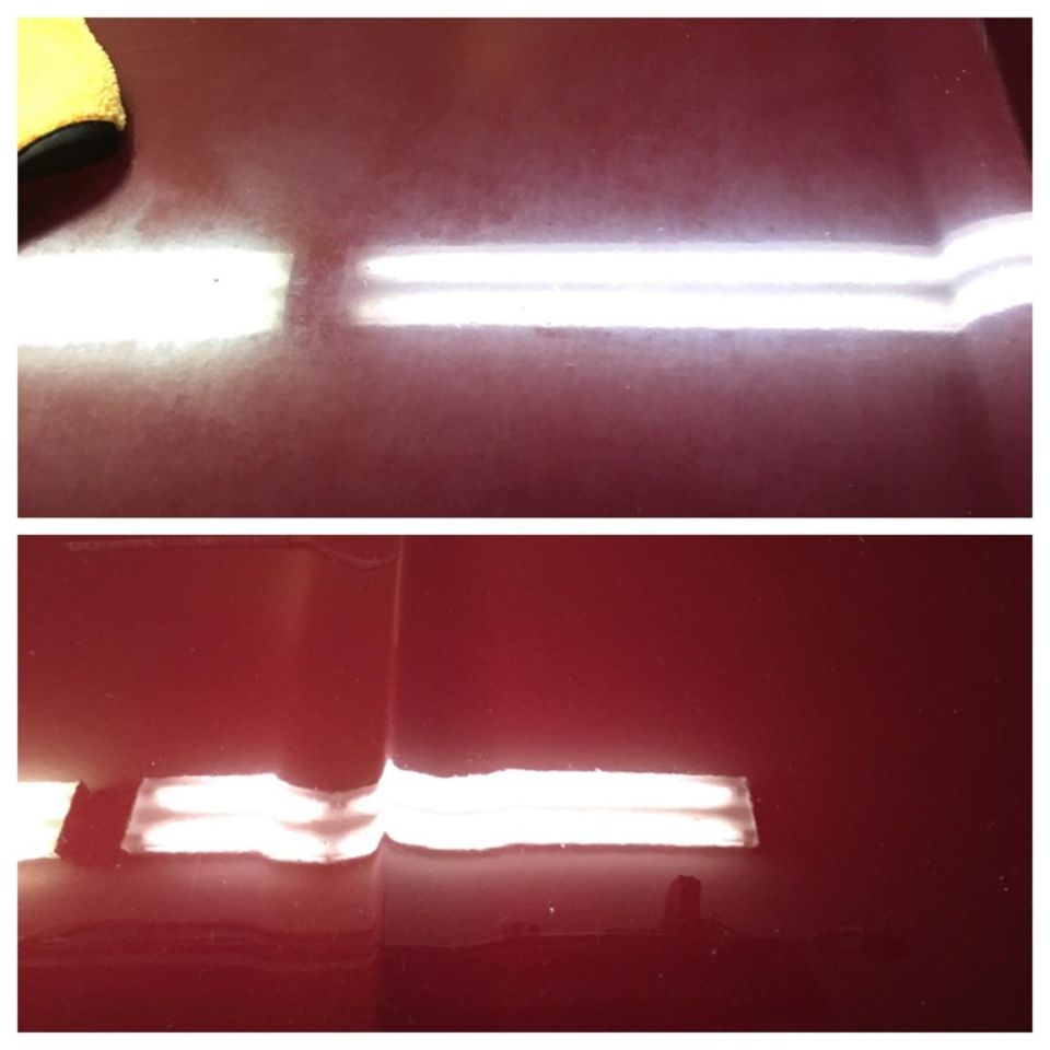 Comparison of car paint before and after polishing.