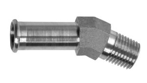 1990 Ford Bronco - A stainless steel 45-degree male pipe thread adapter fitting with a ferrule-type connection on the left. The fitting has a hexagonal body a…