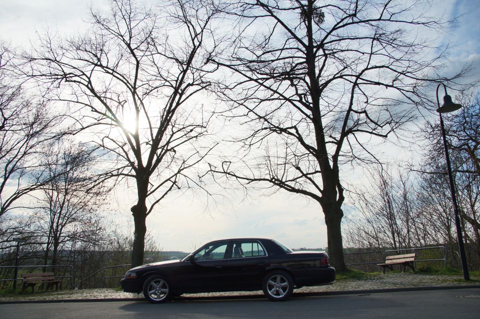 Dark sedan parked by trees, sun shining through branches. Supermotors.net logo visible
