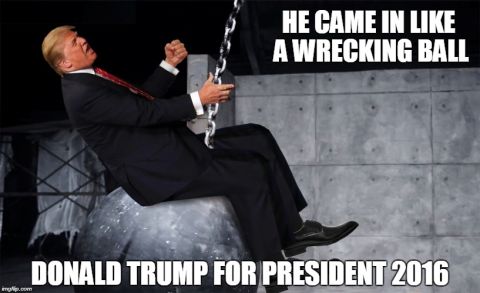 1995 Mercury Grand Marquis - Meme Donald Trump riding a wrecking ball with text overlay.