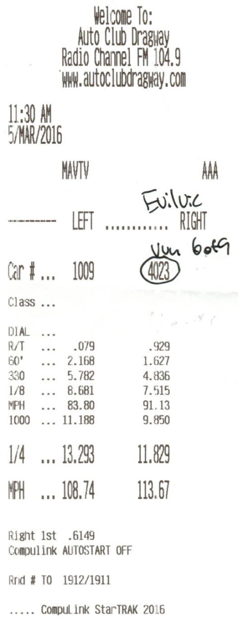 2003 Ford Crown Victoria - Drag racing timeslip receipt listing reaction time, 60-foot, ET and MPH; not a classifiable technical document.