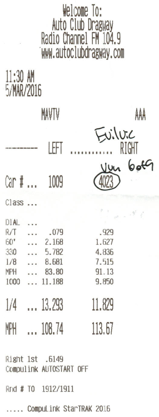 Auto Club Dragway printed drag race timeslip with ET and MPH figures