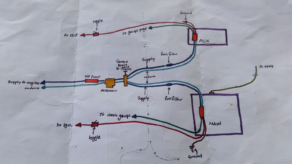 Hand-drawn wiring diagram of a dual fuel tank system with pumps and filters.
