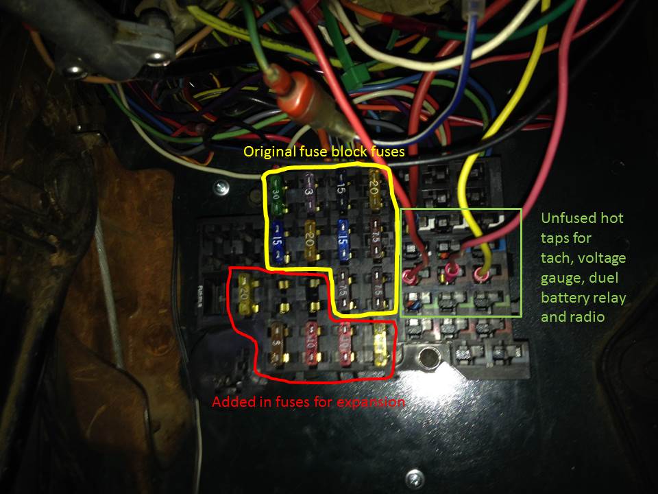 Under-dash fuse block with original fuses, added expansion fuses and unfused hot taps marked