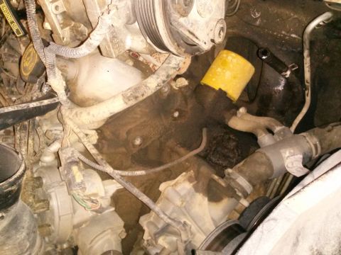 1996 Ford Bronco - This is a close-up view of a dirty engine bay, showing various hoses, wires, and engine components. A yellow oil filter is prominently visi…