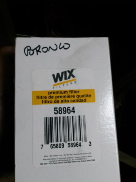 1996 Ford Bronco - A white box for a WIX premium filter is shown with handwritten text that reads "BRONCO" at the top. The box displays the filter number 5896…
