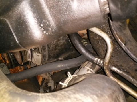 1996 Ford Bronco - This is a close-up view of the engine bay of a 1996 Ford Bronco, focusing on hoses and metal components. The engine appears to be oily and…