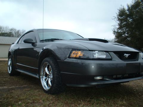 2003 Ford Mustang - A dark gray 2003 Ford Mustang is parked outdoors on a grassy area with a building and trees in the background.