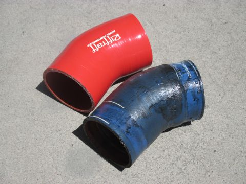 2007 Ford F-250 - OEM Ford next to Riffraff turbo CAC boot. Note: crack in OEM boot.