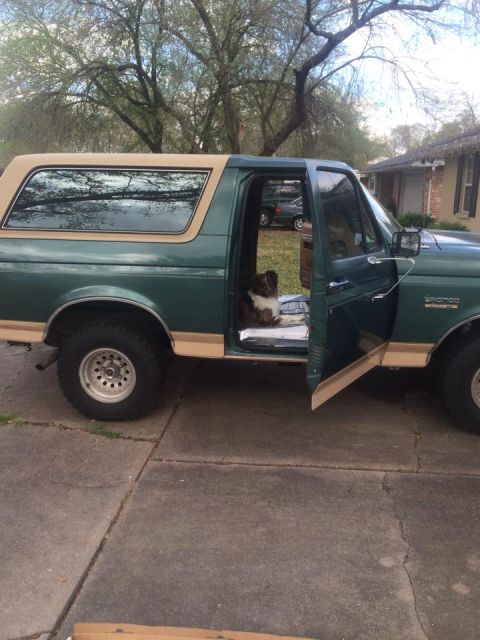 1990 Ford Bronco - 1990 Ford Bronco with tan top, dog visible inside the open driver's door.