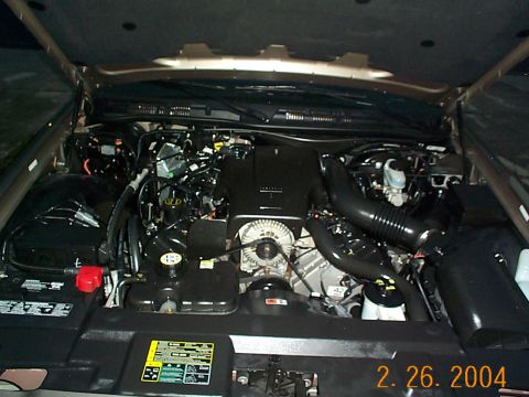 2003 Ford Crown Victoria - The engine bay of a vehicle, showing the V8 engine, various hoses, and the battery. The registry claims it is a 2003 Ford Crown Victoria, b…