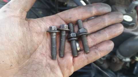 1981 Ford Bronco - Four bolts are held in a dirty hand, with a blurred engine visible in the background.
