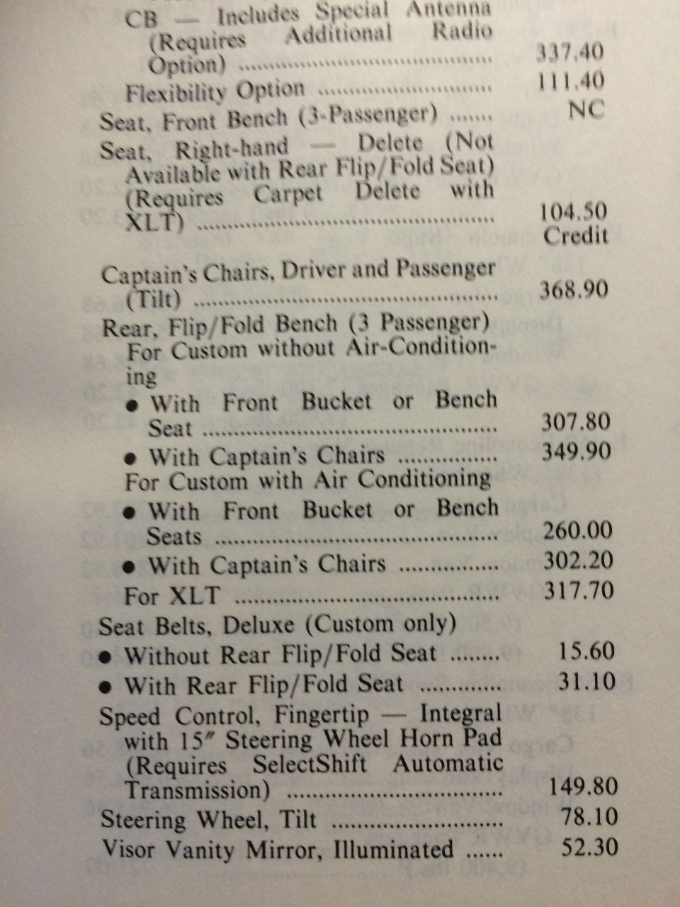Ford Bronco option price list for CB radio, seats, captain's chairs, speed control and tilt wheel