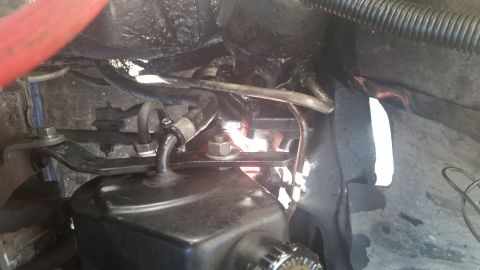1981 Ford Bronco - Close-up view of engine bay components, including hoses and a fluid reservoir.