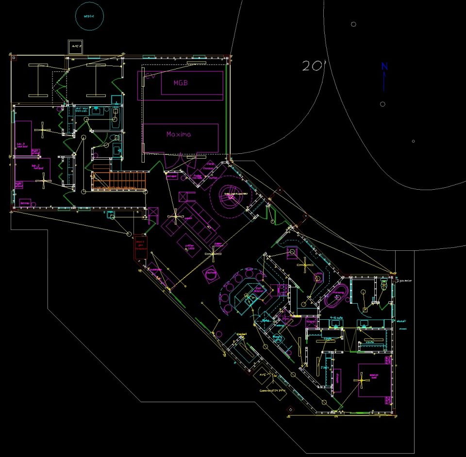 The last floorplan (downstairs only) in DraftSight.  There were a few minor changes, but this is essentially what we're building. Turns out we didn't need a 2nd A/C, and the electrical panels ended up in the hall near the master bedroom door.  The pull-down attic stairs got moved to the office, and the master toilet will have dual inswinging doors.

Click the image to supersize.