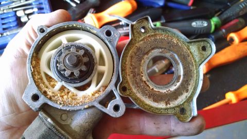 1983 Ford Bronco - The plate that covers the drive gear on this late-model window motor is crimped on, and its paper gasket is very adhesive, so it can take s…