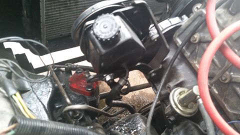 1981 Ford Bronco - Close-up view of a power steering pump and associated hoses within an engine bay.
