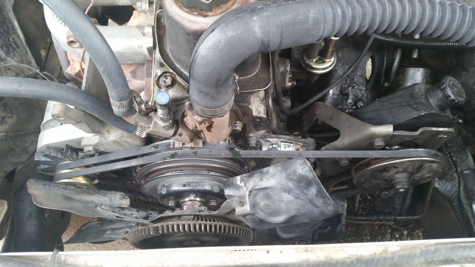 Engine bay with belts and fan visible