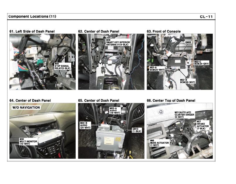 Component Locations CL-11 service manual page with dash panel installation photos