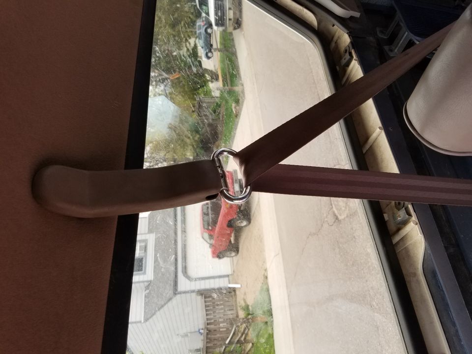 Brown vehicle seat belt and latch viewed against window showing red car parked outside