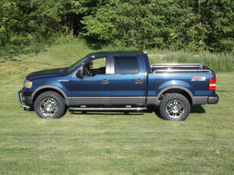 2005 Ford F-150 - A blue Ford F-150 pickup truck is shown from the side, parked on a grassy area with trees behind it.
