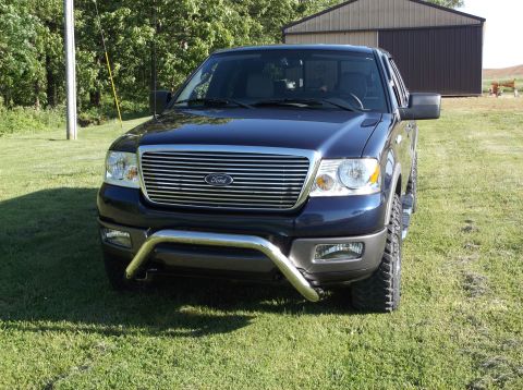 2005 Ford F-150 - Dark blue Ford F-150 pickup truck with chrome grille and bull bar, parked on grass in front of a shed.