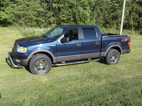 2005 Ford F-150 - Blue 2005 Ford F-150 pickup truck with aftermarket wheels and side steps sits on a grassy area.
