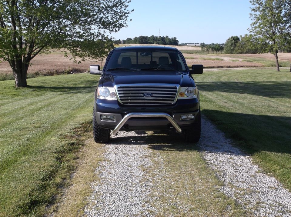 Front view of a dark blue Ford F-150 pickup truck parked on a gravel driveway, with a bull bar installed