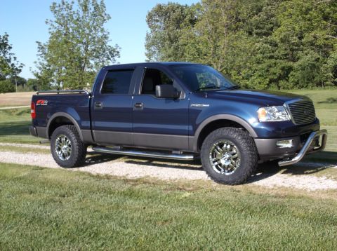 2005 Ford F-150 - This blue pickup truck is parked outside on a sunny day with green grass and trees surrounding it.