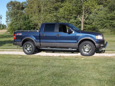 2005 Ford F-150 - This blue 2005 Ford F-150 pickup truck is shown from the side, custom wheels and a front bull bar.