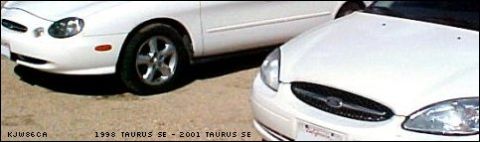 1997 Ford Taurus - Two white Ford Taurus sedans are shown, one from 1998 and another from 2001, with visible text indicating their models.