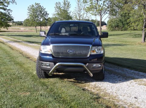 2005 Ford F-150 - Front view of a blue 2005 Ford F-150 pickup truck with a chrome bull bar.
