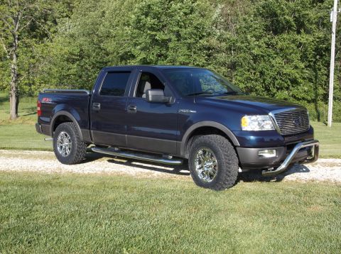 2005 Ford F-150 - A dark blue Ford F-150 pickup truck is seen from a 3/4 front angle, parked on a grassy area with trees in the background.