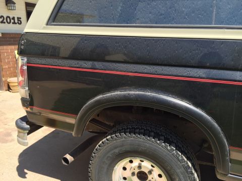 1994 Ford Bronco - The rear of a black Ford Bronco with a red stripe and a beige camper shell is visible.