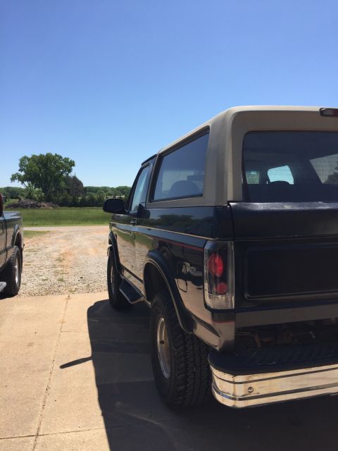 1994 Ford Bronco - Rear view of a black Ford Bronco with a tan top, parked outdoors.